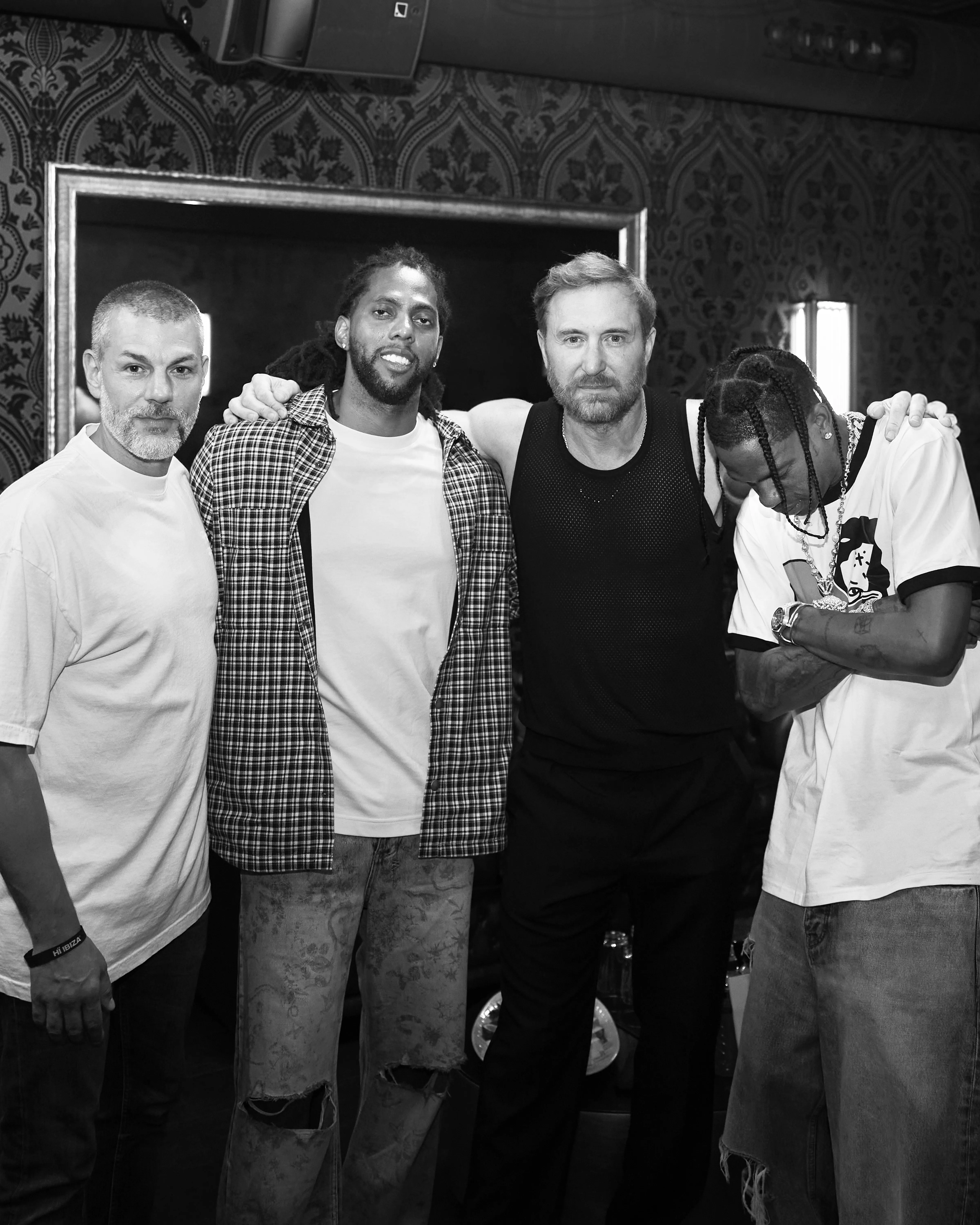 Yann Pissenem with David Guetta, Travis Scott, and Lorenzo McCloud backstage at Ushuaïa Ibiza